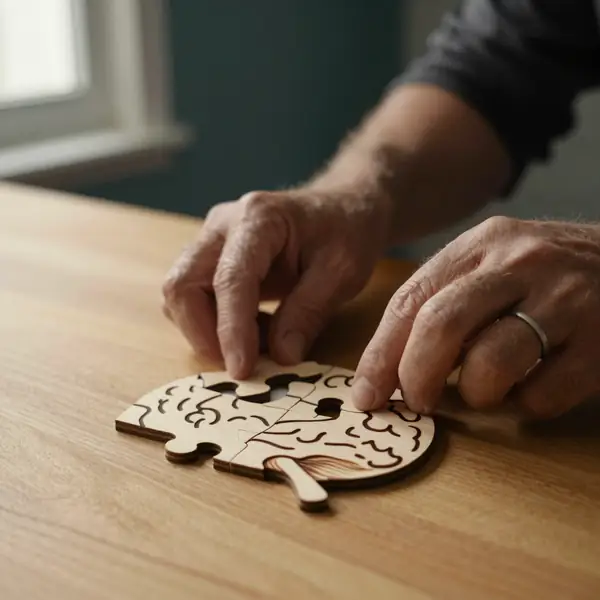 Manos de un hombre colocando la última pieza en un rompecabezas de madera con forma de cerebro, con luz de mañana