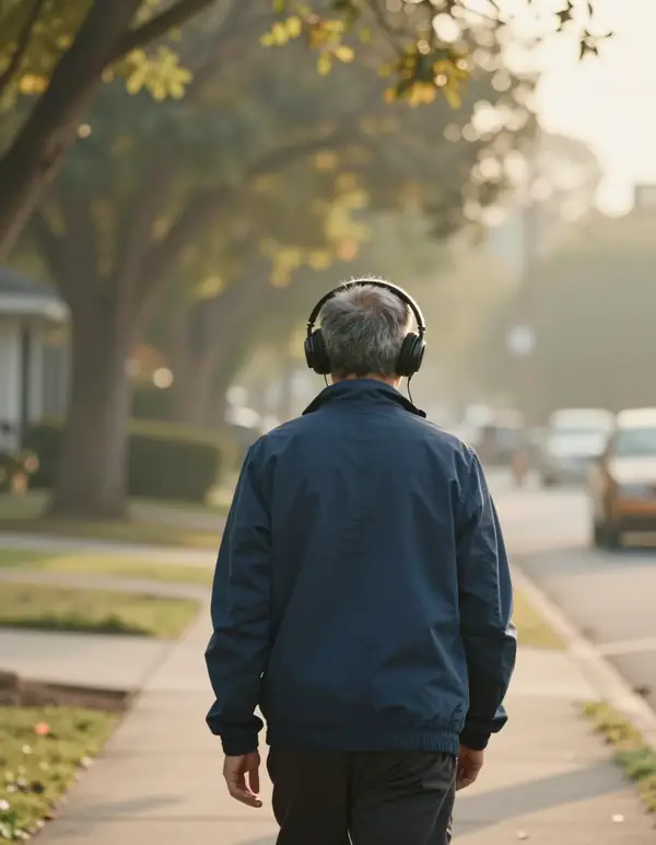 Un hombre de unos cincuenta años, de espaldas, con audífonos, caminando por una calle con árboles al amanecer