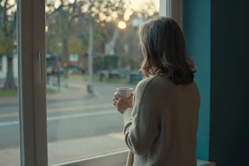 Una mujer de unos cincuenta años, de espaldas, con una taza, mirando por la ventana al amanecer